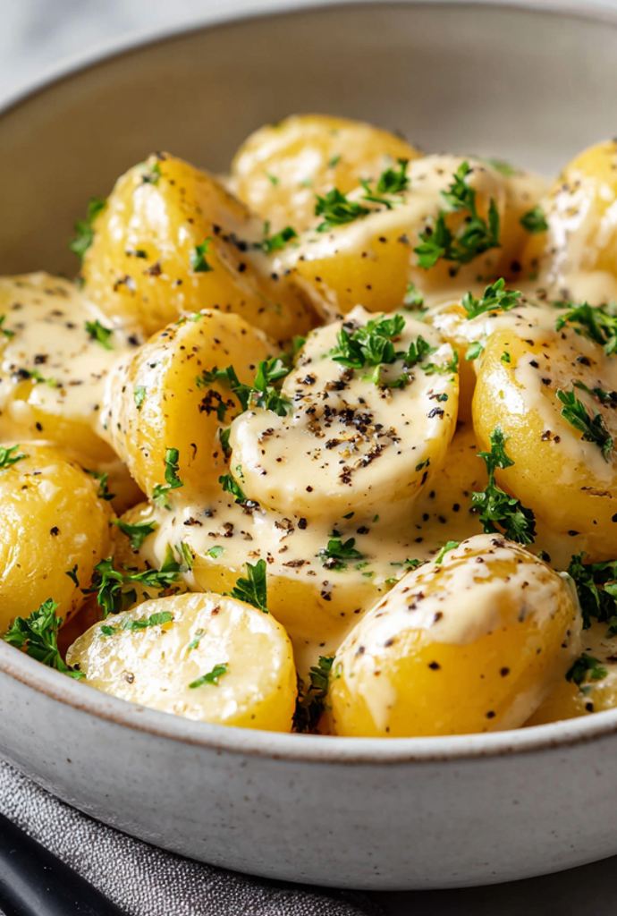 creamy garlic sauce baby potatoes recipe