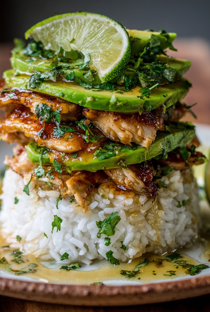 Honey Lime Chicken and Avocado Rice Stack Dish
