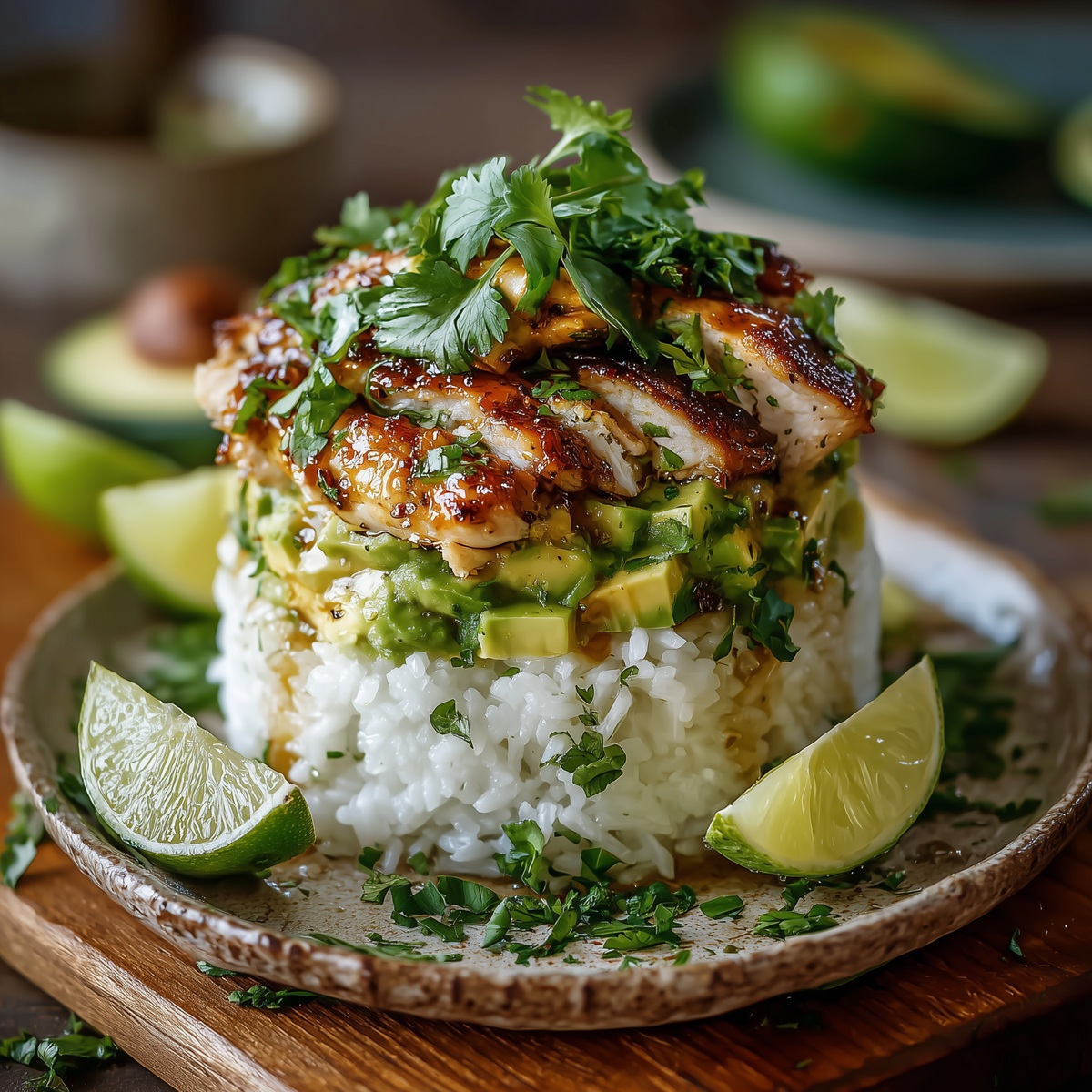 Honey Lime Chicken and Avocado Rice Stack