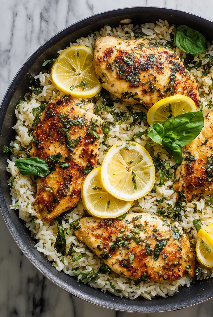 One Pan Lemon Basil Chicken and Rice Instruction